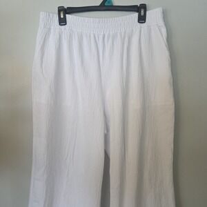 Lands End Pants Womens Large White Pull‎ On Wide Leg Cotton Resort Beachy